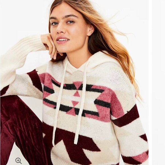 Lou & Grey Slopeside Aztec Hoodie Sweater Small Ivory Burgundy SW Boho - Picture 1 of 9